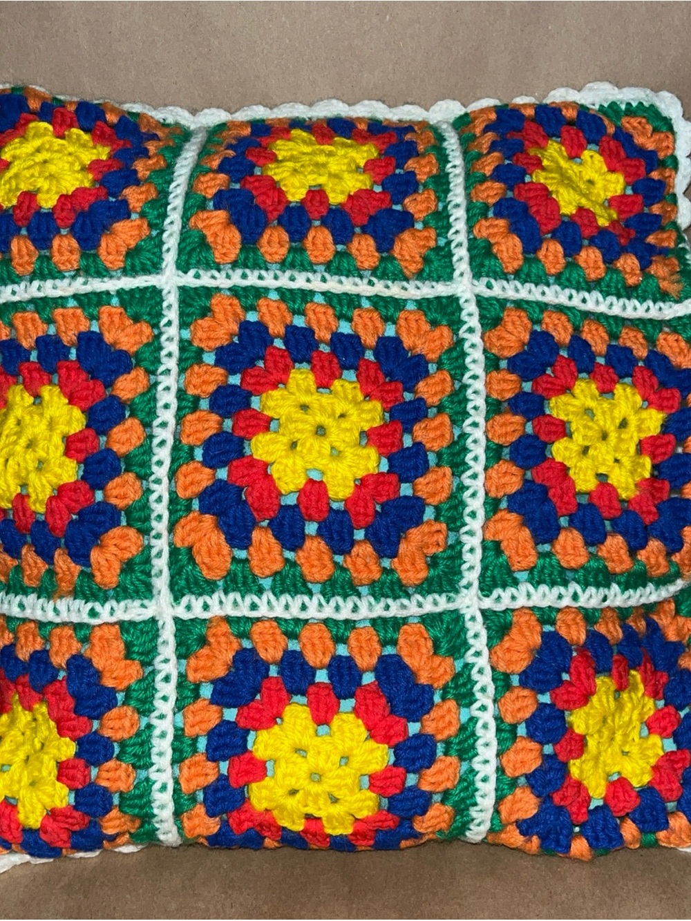 Handmade Crochet Granny Square Throw Pillow Cover- Multicolor 16x16
